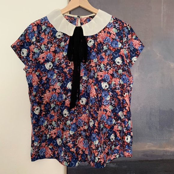 Zara Floral Collared Top With Bow Tie - Picture 1 of 2
